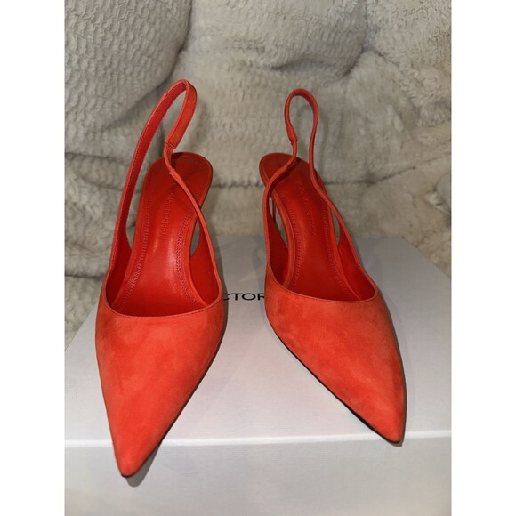 Victoria Beckham Pops in Orange One-Shoulder Dress  Victoria Beckham V Cut Slingback Pump In Orange Suede